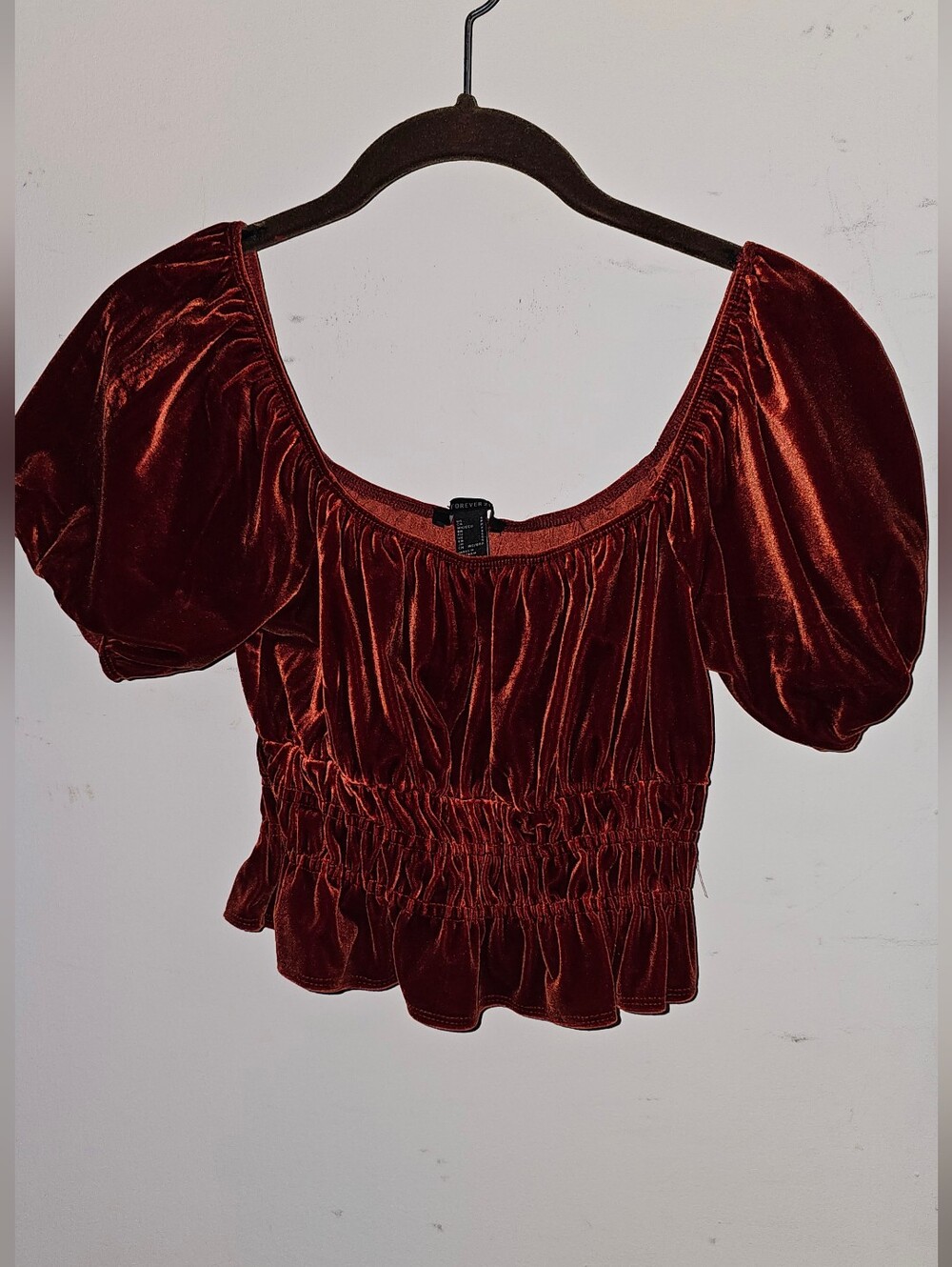 Forever 21 Velvet Puff-Sleeve Crop Top - Burnt Orange